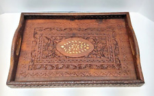 Vintage intricately Hand Carved Wooden inlaid Handled India Serving Tray 15