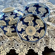 4 Otigari Vintage Cobalt Blue & White Octagon Leaf Bowl Made in Japan OMC 5.25