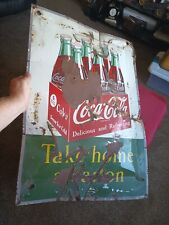 ANTIQUE 1954 COCA COLA SODA ADVERTISING SIGN Uncleaned Barn Fresh 🔥 Rare 6 Pack picture