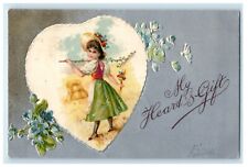 1907 Valentine My Heart's Gift Girl Big Hat Rake And Flowers Embossed Postcard picture