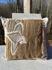 Handmade Pillow Vintage Bird Crochet   White Burlap /Rustic/Shabby chic style picture