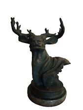 Cast Iron Deer Head - Marble Base Superb Detail Good Dark Patina - HEAVY Vintage picture