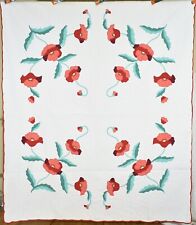 BEAUTIFUL Vintage 30's Red & Green Poppy Applique Antique Quilt ~GREAT DESIGN picture