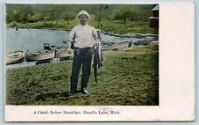 Postcard MI Hamlin Lake Michigan Fishing A Catch Before Breakfast 1912 F30 picture