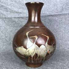 Vintage Japanese Art Deco Period Bronze Vase with Silver Crane Birds Signed picture