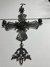 Brass Byzantine Cross Wall Hanging Sculpture Candle Holder 2 Headed Eagle picture
