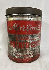 Morton’s VTG Potato Chips Large tin can With Lid 12 1/2”x 9 3/4”  Advertising picture