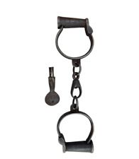 1920's Old Vintage Antique Strong Solid Iron Fine Handcuffs Chain Lock With Key picture