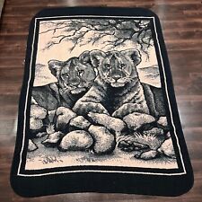 Vintage San Marcos Blanket Black Lion Print Reversible Mexican Cobija 63x85 Inch picture