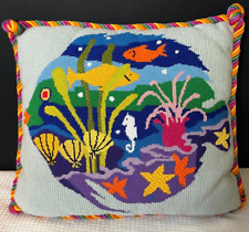 vintage tropical fish needlepoint pillow blue granny core accent pillow picture