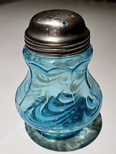 Antique 1890's Northwood Blue Opalescent Blown Twist Sugar Shaker W/Lid picture