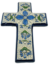 Mexican Ceramic Wall Cross Hand Made Crafted Floral Design 8.5