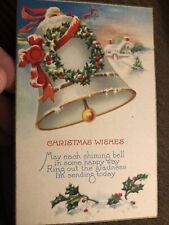 c1920s Christmas Wishes Bell Wreath Snowy Cabin Holly Unposted Antique Postcard picture