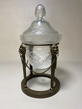 ETCHED CUT GLASS LIDDED BOWL BRASS CHAIN STAND 4 LION HEAD LIONS 11.5