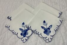 Four Small Dinner Napkins, Flower & Leaf Embroidery, Cotton Blend, White, Blue picture
