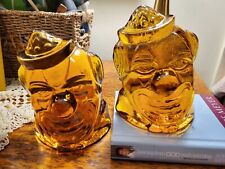 Vtg Wheaton Pair of Amber Glass Clown Head Bookends  Heavy picture