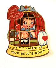 VINTAGE VALENTINES CARD Girl in Birdcage Diecut c1940's picture