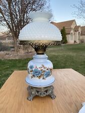 ~ STUNNING ~ Vintage Blue Mirror Finish Hurricane GWTW Lamp With Hobnail Top 21” picture