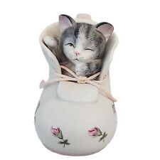 Vintage Mann Cat Music Box Shoe Kitten Boot Sleeping Baby Ceramic Rotating Japan picture