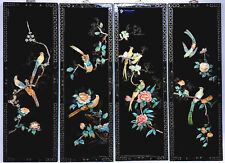 Set of 4 Asian Black Lacquer and Mother of Pearl Birds and Floral Wall Panels  picture