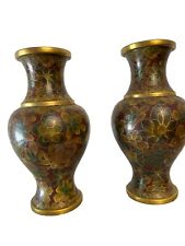 Vintage Cloisonné Pair Of Chinese Vases Height 5.25 Inch Multi Color Gold Trim picture