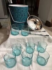MCM Sea Blue Plaid Insulated Ice Bucket W/Tongs/Handle + 8 Blue Lowball Glasses picture