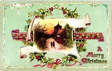 Vintage Postcard- A MERRY CHRISTMAS, TWO PEOPLE WALKING DOWN A LANE TOWARDS A CH picture