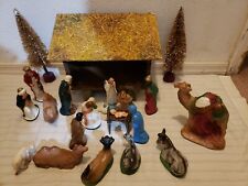 Vintage Christmas 23 pc.nativity figurines With Stable and Two Christmas Trees picture