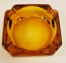 Vintage Mid Century 4” Square Yellow Amber Glass Ashtray Heavy W1 picture