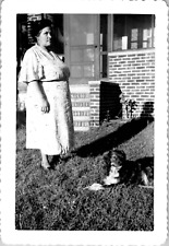 Fat Obese Woman Grandma with Dog Puppy Rural Farm Americana 1950s Vintage Photo picture