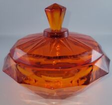 Vintage Viking Art Glass Diamond Point Covered Candy Dish Persimmon Orange GLOWS picture