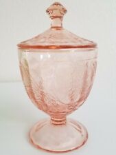 Vintage Pressed Depression Glass Pedestal Candy Dish with Lid Pink Embossed 6