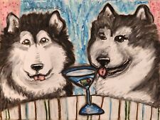 Alaskan Malamute drinking a Martini Original 9x12 Oil Pastel Painting Dog Art picture
