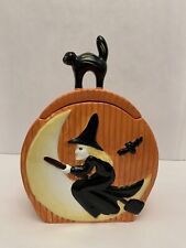 Vintage Cracker Barrel Witch Moon Black Cat on Lid Halloween Orange Cookie Jar picture