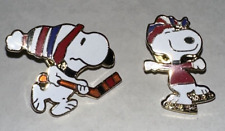 Peanuts Snoopy Lapel Pins Set of 2 Ice Skating & Playing Hockey Gold Enamel Chic picture