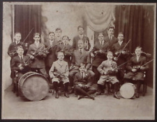 c1900 MUSICAL BAND OF YOUNG MUSICIANS VIOLINS DRUMS HORNS AND DIRECTOR W99 picture