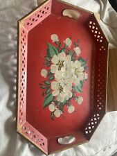 Vintage Tole Painted Reticulated red Metal Tray Floral Gold Trim Open Handles picture