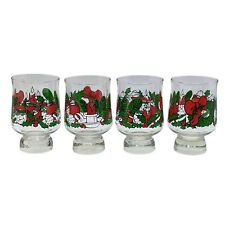 Vintage Pedestal Christmas Holly Drinking Glasses Set of 4 Candles Wreathes picture