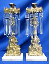 PAIR VICTORIAN BRONZE GOLD D'OR & MARBLE GIRANDOLE CRYSTAL PRISM CANDLESTICKS picture