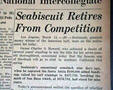 SEABISCUIT RETIRES Thoroughbred Race Horse Racing Champion 1940 Old Newspaper picture
