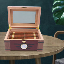 2 Layers Cigar Humidor Cedar Wood Glass Desktop Holds 100 Cigars Brown Box Gift picture