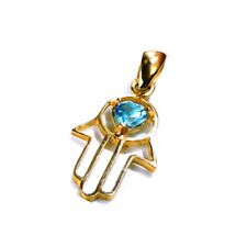 Hamsa Hand with Heart Shaped Blue Topaz Jewish Pendant in Solid 14k Yellow Gold picture