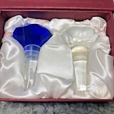 Oleg Cassini Set of 2 Crystal Glass Bottle Stoppers Blue/Clear Etched Signature picture