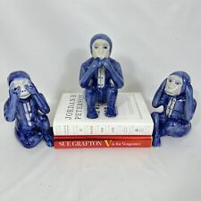 Vintage Chinoiserie Blue White Three Monkey Figurines See Speak Hear No Evil picture