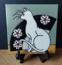 Vintage Sybil Shane Studio Ceramic White Cat Tile with Fan Felt back. 5 7/8
