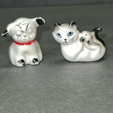 Mini Porcelain Cat & Dog Figurines (2) Vintage Japan Hand painted Black, White R picture