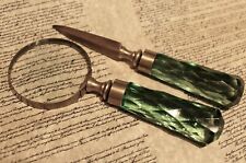 Antique Vintage Style Magnifying Glass Letter Opener Set w Green Glass Handles picture