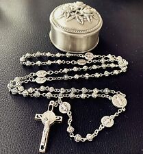 SILVER Rose bead St.Benedict Rosary Italy Crucifix catholic necklace cross box picture