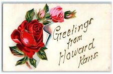 1909 Greetings From Howard Kansas KS Posted Embossed Rose And Leaves Postcard picture