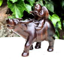 Vintage Asia Chinese Hand Carved Wood Man Riding Water Buffalo Ox picture